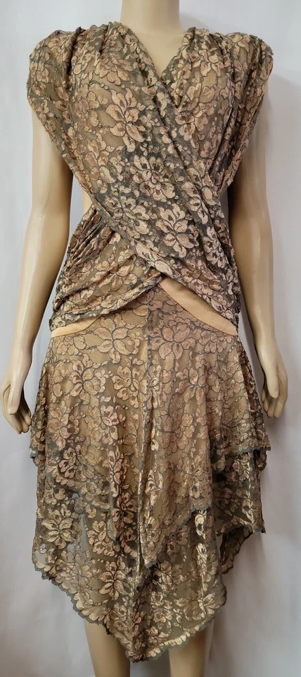 Vestido Climax Karen Okada Por David Howard DE COLECCIÓN Encaje Para Mujer Dorado/Verde 9/10 #11 Foto 2 de 4