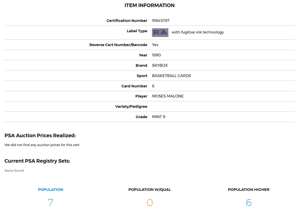 SkyBox #6 Moses Malone (HOF) 1990-91 PSA 9 como nuevo - Low Pop, estuche nuevo Foto 3 de 4