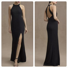 $220 BHLDN Lennox Halter Open Back Side Slit Crepe Gown in Black 12 NEW B956