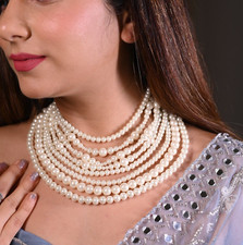 White Faux Pearl Multi 8 Strand Layered Beaded Chunky Choker Necklace Jewellery