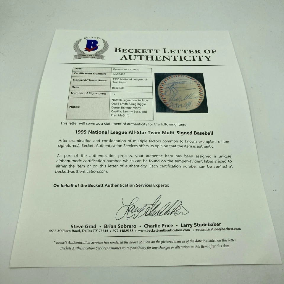 1995 All Star Game Team Béisbol Firmado Sammy Sosa Ozzie Smith Beckett Certificado de Autenticidad Foto 4 de 4