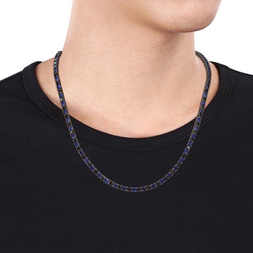 Amour Black Rhodium Silver Created Blue & Black Sapphire Men's Necklace 20 in - Picture 5 of 7