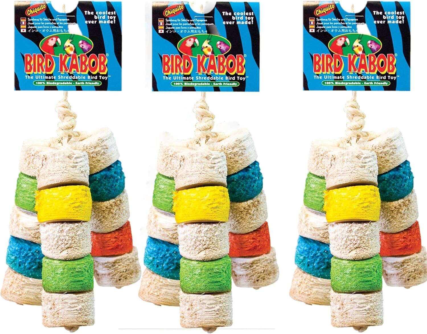 Chiquito Bird Kabob Shreddable Parrot Toy, for Hookbill Birds, Parakeets, 3 Pack