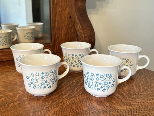 Corning Corelle Blue Heather Floral Set of 5 Coffee Tea Cups Vintage Collectable