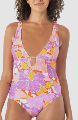 Roxy Juniors Bell Bottom Blooms Plunge One-Piece Swimsuit Large Lilac NWT