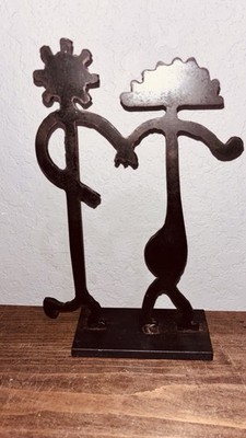 Vintage 1994 K. E. Smith Primitive Metal Sculpture 10  Dancing Whimsical Couple
