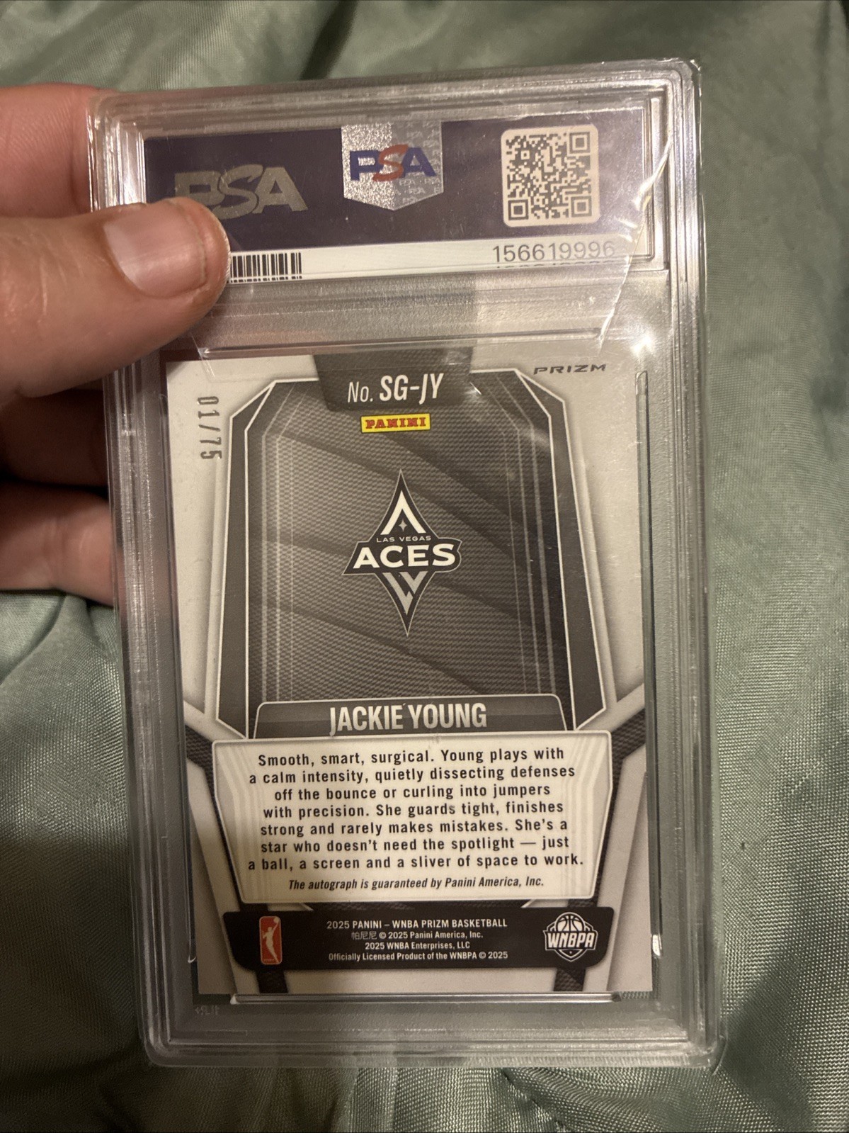 Panini 2025 Prizm WNBA Jackie Young Las Vegas Aces Blue Prizm 1/75 Auto PSA 10 view 2
