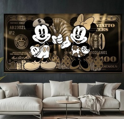 XL LEINWAND BILDER BIS 190x90x5 MICKY & MINNIE MAUS GELDSCHEIN DISNEY LUXUS ART