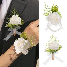 Artificial White Rose Wrist Flower  Mens Corsage Wedding Prom Boutonniere