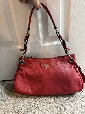PRADA Vitello Phenix Shoulder Bag Medium Red Leather Silver Hardware Authentic