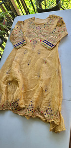 Handmade Yellow Embroidered Cotton Kurta Women Medium Size