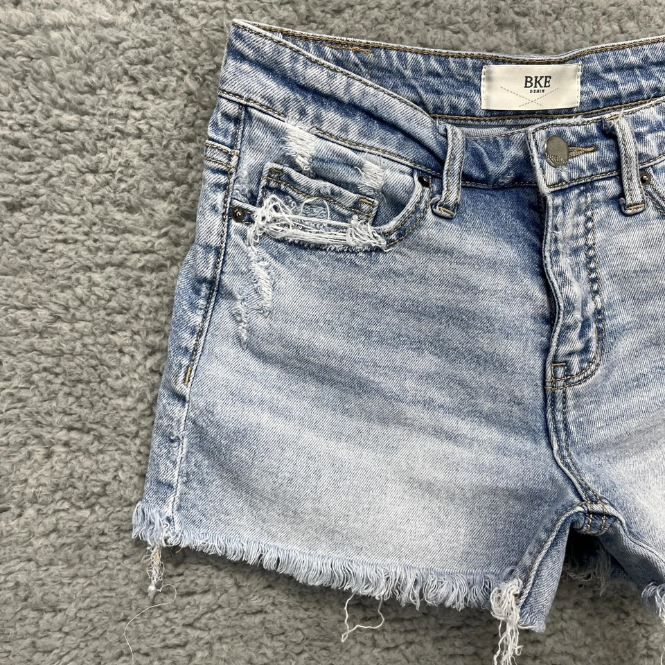 Pantalones Cortos BKE Denim Corte Para Mujer 26 Lavado Ligero Envejecido Crudo Deshilachado Elástico Foto 2 de 4
