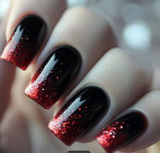 24 Pcs Press-On Nails Short Square Glossy -Black Nails with Red Glitter