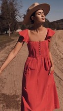 Pilcro Anthropologie Coral Linen Blend Open Back Midi Dress Small Flutter Sleeve