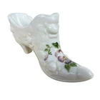 Fenton Shoe Figurine Milk Glass Cabbage White Hand Painted Floral Signed Vintage