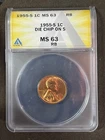 1955-S Wheat Penny Graded MS63 RB Die Chip on S