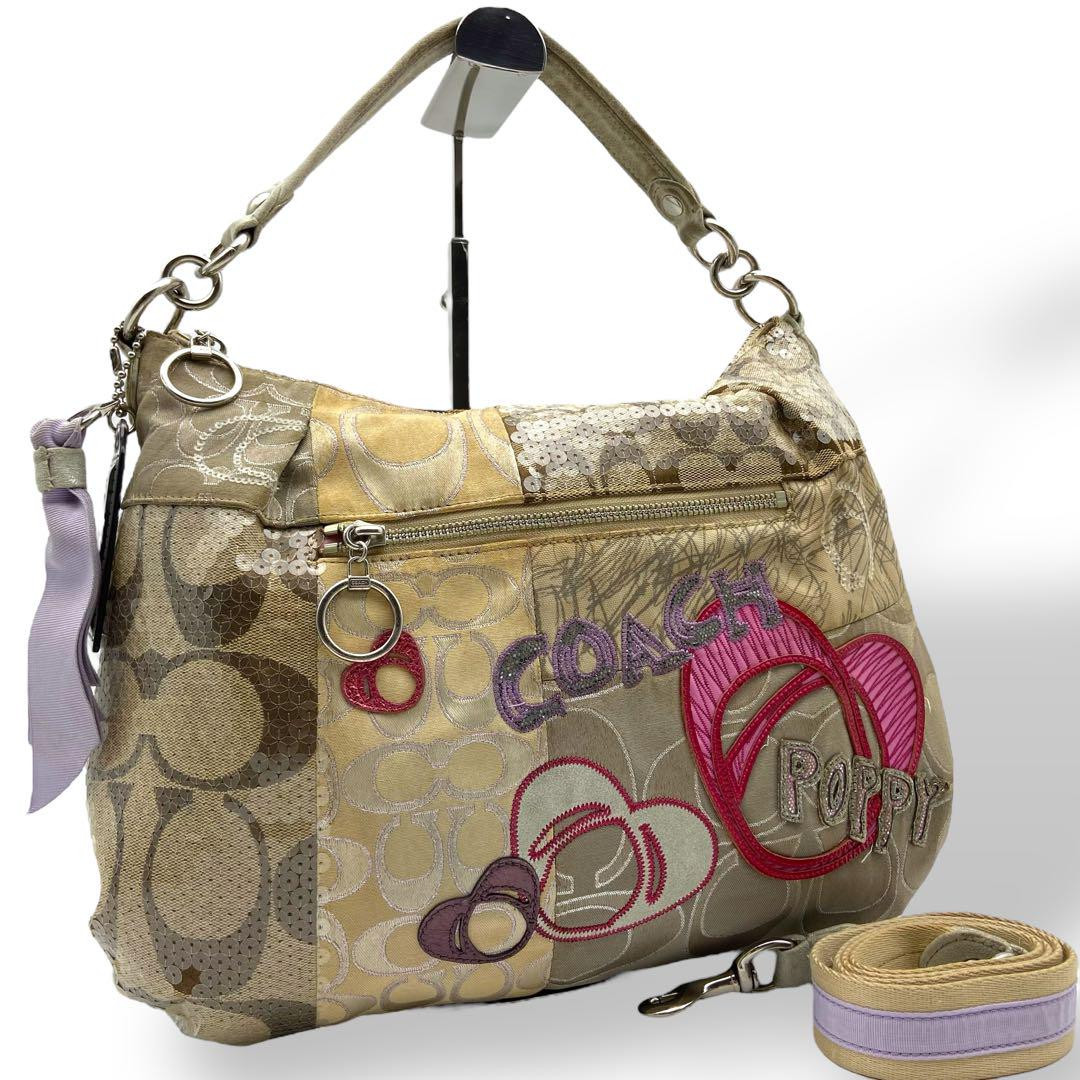 Coach Poppy Canvas Beige Sequins 2-Way Shoulder Bag  