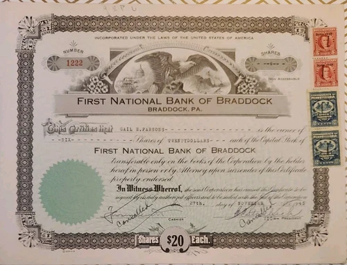 1951 First National Bank of Braddock Stock Certificate Pennsylvania w Stamps B