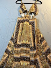 SHEIN XS Boho Halter Maxi Dress Paisley Mandala Print Gold Brown
