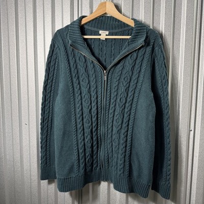 L.L.Bean Sweater Mens 2XL Blue Cable Knit Full Zip Mock Neck Heavyweight Winter