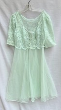 Vtg Lt Green Double Chiffon Lace Dressing Gown Peignoir Robe Vanity Fair 32 6