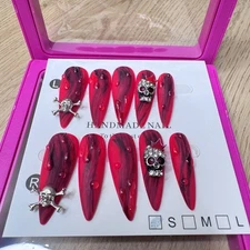 Handmade Hard Gel Press on Nail Art Kit Sz S Red Goth Skull Charm Resin Matte