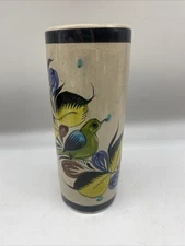 vintage tonala mexican pottery Vase 7” Bird Floral Signed Cat