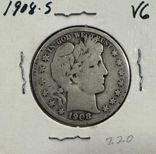 1908 S US Barber SILVER Half Dollar Old US Coin! VG