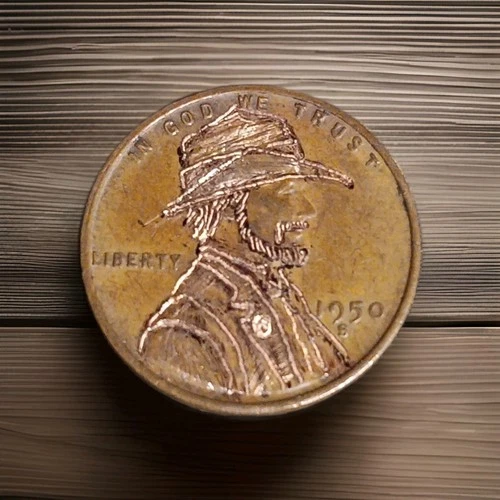 1950 S Lincoln Wheat Penny Hand Carved By J&M Tarantula As G-Man - Picture 1 of 3