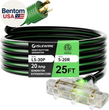 25FT Generator Extension Cord, NEMA L5-30P to Triple 5-15R/5-20R, 10 Gauge 30 Am