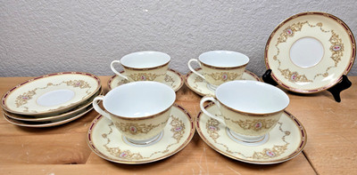 Noritake Tea Set 4 Teacups 8 Saucers Pattern 1802 Floral Nippon Toki Kaisha Gold