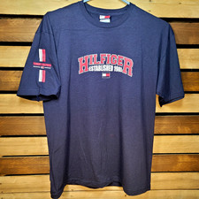 Vintage 2000s USA Tommy Hilfiger Tee Mens L Spell Out Graphic Sleeves EXCELLENT 