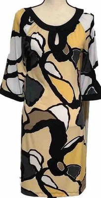 Chicos Black Yellow Abstract Size 0 Stretch 3/4 Sleeves Dress Women's Made USA