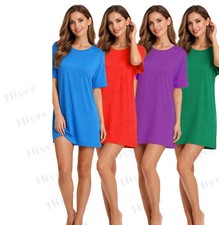 Womens Longline T-Shirt Plain Oversized Baggy Short Sleeve Tunic Mini PJ Dress