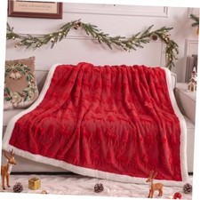 3D Christmas Sherpa Throw Blanket 50 x 60 Inch - Reversible Red Reindeer