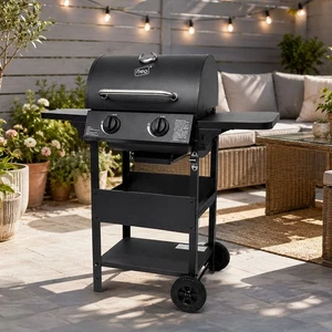Neo Outdoor 2 Burner Steel Gas BBQ Grill Side Shelves Warming Rack Bottle Opener