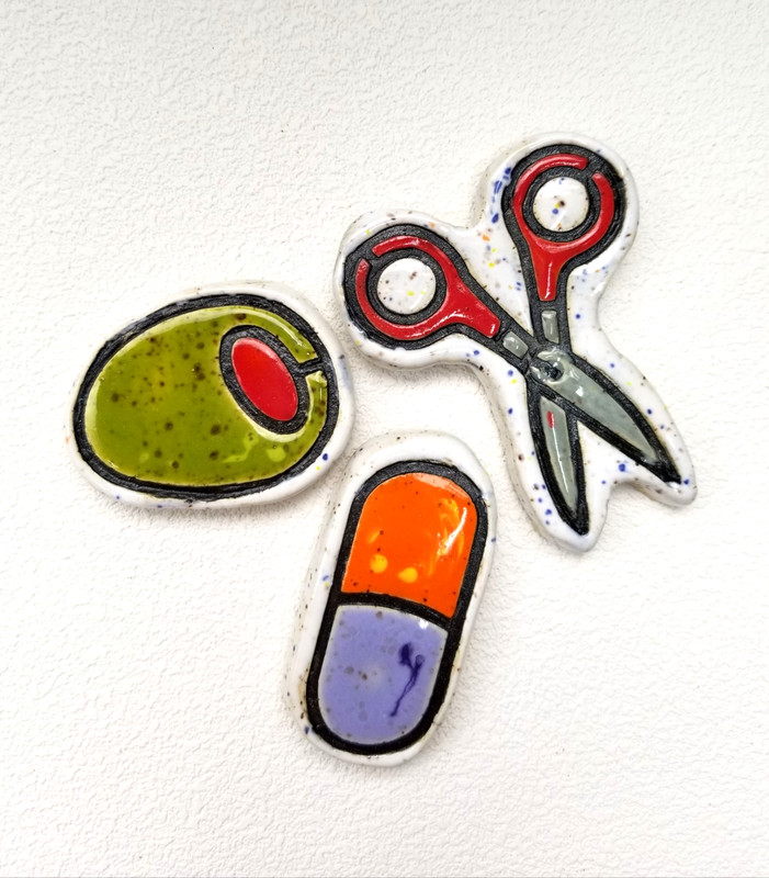 Ceramic Magnet Set: Scissors, Olive, Pill - Kiln Fired | PotteryApocalypse