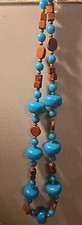 Vnt Boho Chic Turquoise Blue Plastic Brown Wood Gold Beaded Necklace 25"L-2.2 Oz