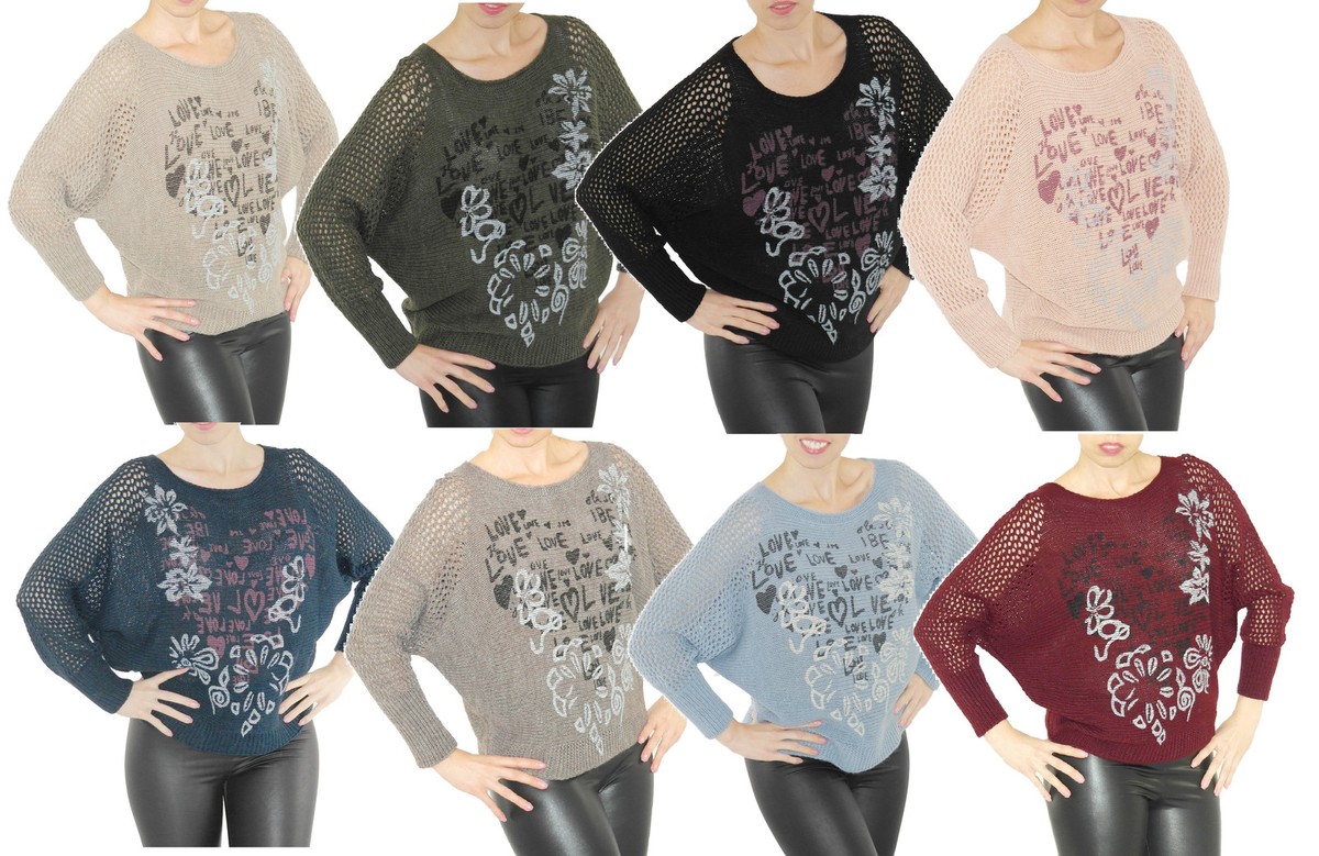 Pullover Maglione Love-Blumen Maniche a Pipistrello Top-Netz