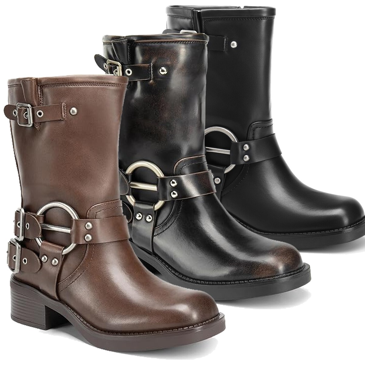 Women Mid Calf Boots Square Toe Biker Boots with Low Chunky Heel