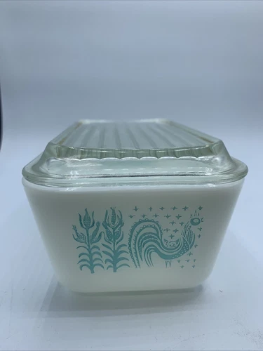 Pyrex Refrigerator Storage Dish Amish Butterprint Turquoise Rooster #502 + Lid