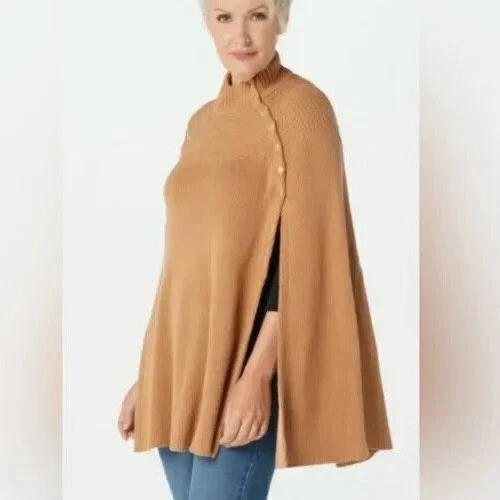 GILI Mujer Suéter Mediano/Grande Marrón Mezcla de Algodón Capa Acanalado Tejido Poncho Foto 2 de 4