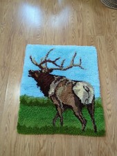 MCM 1980's Latch Hook Rug Wall Hanging 28" Wide 33.6" Length Bugling Elk
