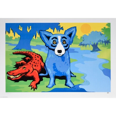 George Rodrigue Blue Dogs and Cajuns On the River Signed