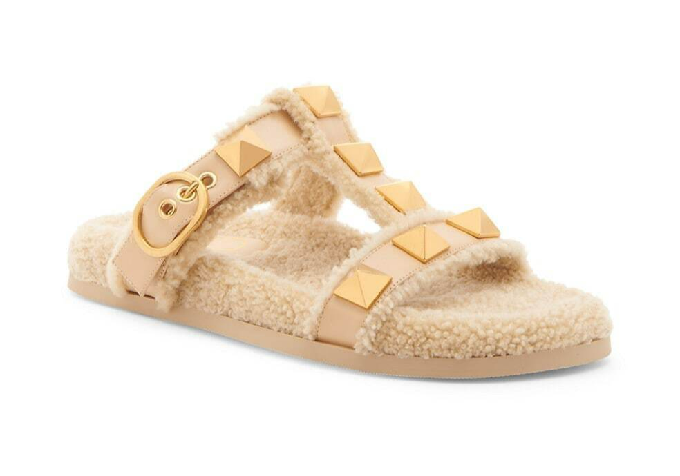 Valentino Garavani Roman Stud Shearling Slide Sandals US 9.5