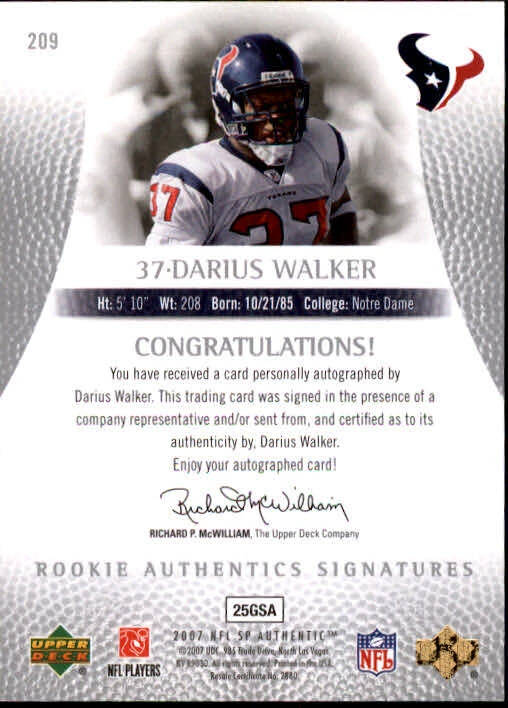B0364- 2007 SP Authentic #209 Darius Walker RC Auto /1199 - NM-MT - Image 2 of 2