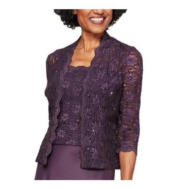 Alex Evenings Embroidered Lace Mock Jacket in Eggplant Color Size