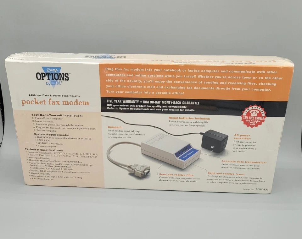 Vintage IBM Easy Options Pocket Fax Modem 2400 bps Data MOD533 NEW SEALED  - Image 3 of 4