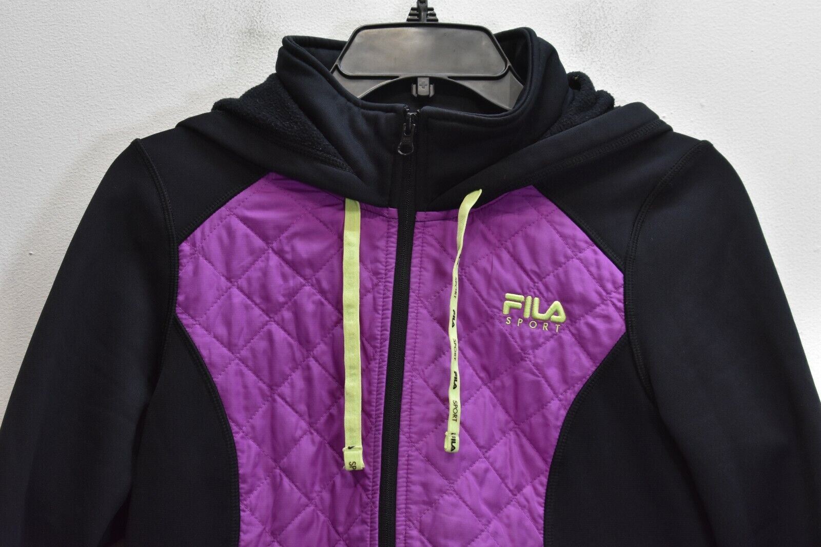 Giacca trapuntata con cappuccio Fila Sport donna nera viola full zip tasca a taglio XS