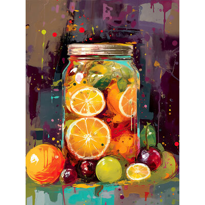 Ein Glas hausgemachte Orange und Pflaume Obst Konserven XL Wandbild Leinwand Poster riesig